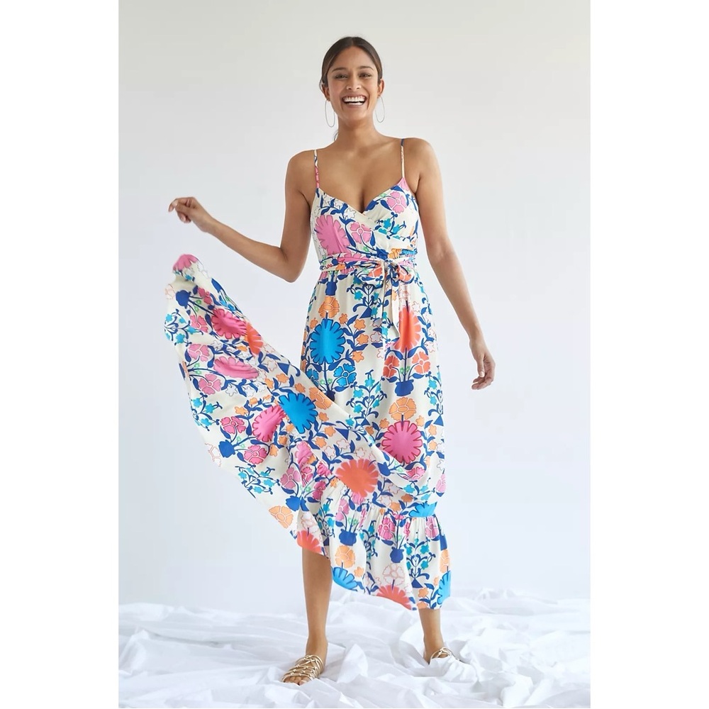 Anthropologie Floral Maxi Dress in White, Pink, Blue, Orange